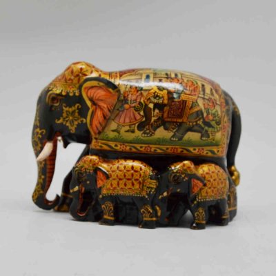 Wood Elephant Family With Miniature Painting