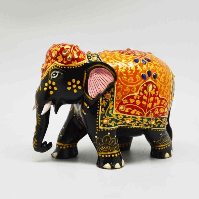 Wooden Elephant With Embossed Painting