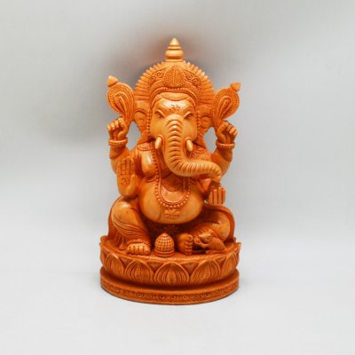 Handmade Whitewood Ganesh Sitting on Lotus