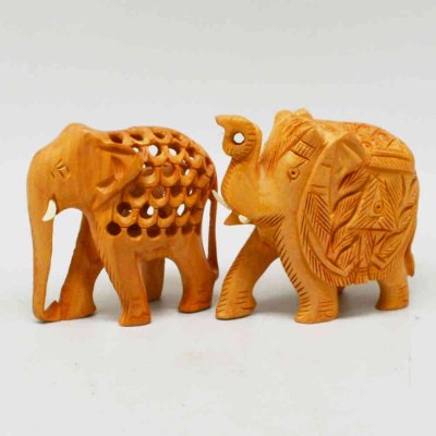 Whitewood Elephants with Miniature And Undercut Carving Set of 2