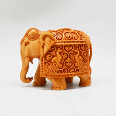 Whitewood Elephant With Peacock Miniature Carving