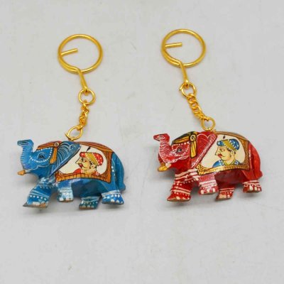 Wood Elephant with Painted King And Queen Keychain Set of 2 