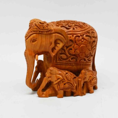 Whitewood Elephant Family With Miniature Carving