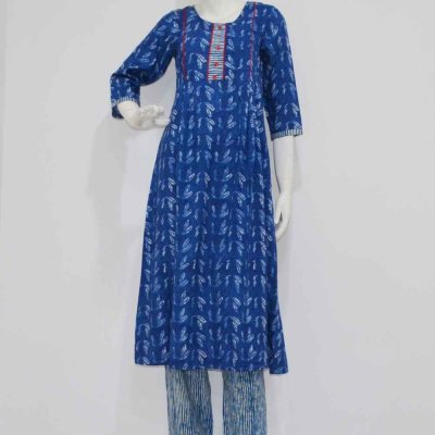 cotton Indigo Floral A-line Kurta with Palazzo